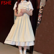 FSHE學(xué)院風(fēng)娃娃領(lǐng)蝴蝶結假兩件連衣裙女學(xué)生韓版收腰超仙中長(cháng)款 假兩件連衣裙  L