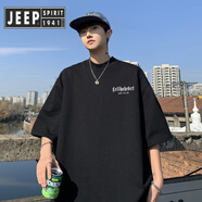 JEEP SPIRIT吉普粉色純棉短袖恤男夏季2025年新款寬松青少年潮牌體恤 黑色 S 90~100斤可穿