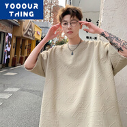 YOOOURTHING夏季新款oversize短袖男潮牌港風(fēng)ctiyboy大碼肌理感提花字母T恤男 HT25147-卡其色 XL 建議120-150斤