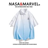 NASA MARVEL襯衫男夏季短袖上衣休閑潮流免燙抗皺襯衣寬松外套 白藍(lán)漸變 M 