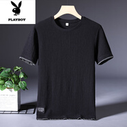 花花公子（PLAYBOY）冰絲亞麻短袖T恤男夏季薄款寬松休閑運動體恤棉麻純色簡約上衣服 098黑色 L 110-125斤
