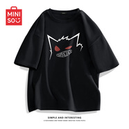 名創(chuàng)優(yōu)品（MINISO）日系短袖男生t恤2025夏季男士闊版寬松大碼正肩純棉半袖情侶衣服 黑色(怪咖白) S 165 (男女同款)