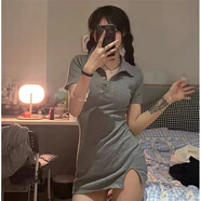 JRET純欲風(fēng)polo領(lǐng)襯衫連衣裙夏季女性感小心機(jī)開(kāi)叉包臀顯瘦收腰T恤裙 X359-灰色 S :【70-90斤】