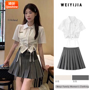 婍妡（Qeeshine）兩件套裝短袖襯衫女裝夏季欲學(xué)院風(fēng)韓版上衣潮搭配百褶裙jk短裙 白色上衣+灰色百褶裙(套裝) S 建議80-90斤