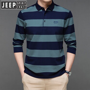 JEEP SPIRIT吉普長(cháng)袖t恤男春秋新款寬松商務(wù)條紋純棉長(cháng)袖打底Polo衫上衣體恤 綠色 XL