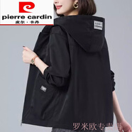皮爾卡丹（pierre cardin）中年媽媽裝連帽短外套女春秋新款休閑大碼寬松洋氣減齡夾克 黑色 4XL 建議【160-175斤】