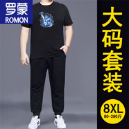 羅蒙（ROMON）肥佬短袖t恤男士套裝寬松加肥加大百搭休閑褲子半袖胖子運(yùn)動(dòng)大碼 套裝-大女神黑T+黑褲 一套 XL 建議115-130斤