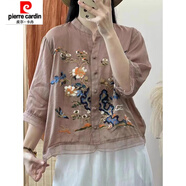 皮爾卡丹（pierre cardin）復(fù)古苧麻刺繡襯衫女夏季歐根紗拼接中袖襯衣顯瘦V領(lǐng)高端氣質(zhì)小衫 皮粉【棉麻】 115-130斤 XL