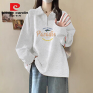 皮爾卡丹（pierre cardin）美式黑色polo領(lǐng)衛(wèi)衣女秋冬2025新款寬松加絨加厚半拉鏈外套小個(gè)子 白灰色加.絨加厚B36-今年流行的 M