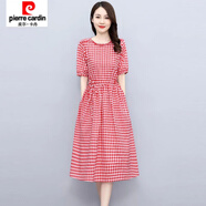 皮爾卡丹（pierre cardin）復古夏季新款格子連衣裙女大碼短袖減齡文藝格子裙抽繩收腰中長(cháng)裙 紅色 建議100-115斤 L