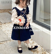 SKONWAT新款女童連衣裙套裝繡花燈芯絨背帶裙洋氣娃娃領(lǐng)襯衣秋冬裙子套裝 刺繡藍色裙+襯衫 100