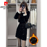 皮爾卡丹（pierre cardin）高腰亮片短裙秋冬2025新款黑色顯瘦A字包臀裙亮閃閃半身裙子女春 黑色上衣+款短裙【套裝】 加絨 S