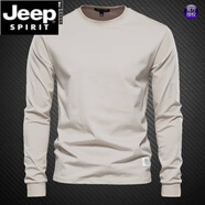 JEEP SPIRIT新款精梳棉男T恤羅紋領(lǐng)口長袖打底衫圓領(lǐng)百搭簡約上衣春秋 卡其色 S 體重90-125斤