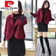 皮爾卡丹（pierre cardin）小西裝短外套女春秋2024新款洋氣時尚百搭小個子短款西服外搭上衣 酒紅色雙層有里布 XL 建議-115