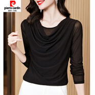 皮爾卡丹（pierre cardin）堆堆領(lǐng)網(wǎng)紗打底衫女內搭秋季新款黑色長(cháng)袖t恤蕾絲小衫上衣 2386黑色 M