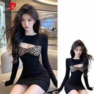 皮爾卡丹連衣裙2025新款女裝春季今年流行辣妹性感收腰包臀裙打底裙子 黑色豹紋【2025超火連衣裙/連身 S 【75-95斤】