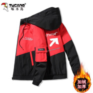 啄木鳥(niǎo)連帽外套男士夏季薄款潮流工裝夾克寬松休閑上衣服男裝 11030/JR601紅色加絨 XL