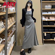 愛(ài)麥依法式灰色波點(diǎn)吊帶連衣裙子女早春季2025新款氣質(zhì)包臀裙穿搭一整套 開(kāi)衫+連衣裙【套裝】 L 110-120斤