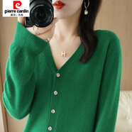 皮爾卡丹（pierre cardin）反季春秋新款V領(lǐng)羊毛開(kāi)衫女外搭純色大碼毛衣打底針織衫外搭 祖母綠 90-100斤 S