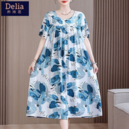 矜持范有口袋綢連衣裙大碼寬松新款短袖加肥媽媽遮肚夏裝裙子碎花睡裙 有口袋棉綢18號色 5XL 201-220斤