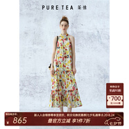 茶·愫（PURE TEA）【明星同款】puretea茶愫掛脖連衣裙女緞面雪紡印花長(cháng)裙2024夏新 米白 M
