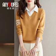 璦優(yōu)霏（aiyoufei）假兩件針織衫女春秋冬新款襯衣領(lǐng)加厚寬松打底毛衣女內(nèi)穿外搭上衣 黃色 XXL建議125-135斤左右