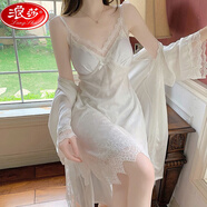 浪莎（LangSha）甜美冰絲睡衣裙女夏新款公主風(fēng)蕾絲吊可外穿花邊洋裝外袍兩件套 吊帶裙+睡袍 XL [建議115-130斤]
