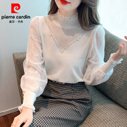皮爾卡丹（pierre cardin）打底衫半高領(lǐng)蕾絲袖薄款毛衣女洋氣長袖內(nèi)搭短款上衣2025春秋新款 白色  L 建議110-120斤