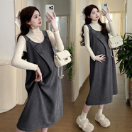 圖亞格孕婦裝2025春裝新款韓版中長(cháng)款連衣裙長(cháng)袖氣質(zhì)顯瘦裙子兩件套裝潮 灰色連衣裙單件絲絨【不含上衣】 M碼【建議90-110斤】