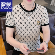 羅蒙（ROMON）高品質(zhì)冰絲鏤空t恤男夏季薄款修身印花蜂窩網(wǎng)眼透氣上衣男款體恤 8725米白色 4XL 180-205斤