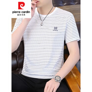 皮爾卡丹短袖t恤男士2025夏季新款冰絲燙鉆寬松圓領(lǐng)條紋半袖休閑冰感上衣 旗艦官方-Y82白色-國際品牌 L 115-130斤-國際品牌
