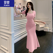 羅蒙（ROMON）女裝法式方領(lǐng)氣質(zhì)修身顯瘦連衣裙杏色短袖包臀褶皺魚尾裙大擺長裙 粉色 S 85-100斤