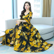 寶喬旭法式V領(lǐng)七分袖雪紡連衣裙女夏大擺沙灘裙2025 黃色 S 85-90斤】