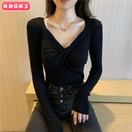柏潮夏季針織衫女新款2025網(wǎng)紅長袖V領(lǐng)內(nèi)搭打底衫感短款上衣 黑色 均碼 彈力均碼(建議70-120斤)