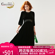 鱷魚(yú)恤【底布100%桑蠶絲】絲絨禮服連衣裙女高級(jí)感夏季顯瘦長(zhǎng)裙子 黑色 L
