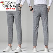啄木鳥(niǎo)（TUCANO）2025秋季男士休閑長(cháng)褲子男格子褲修身小腳褲加絨條紋男褲英倫風(fēng)范 9分褲格子-淺灰[春夏] 32 【130-140斤】