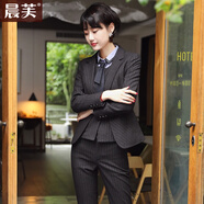 晨芙條紋西裝外套女氣質(zhì)職業(yè)西服套裝商務(wù)面試正裝通勤工作服教師工裝 黑色西裝+灰襯衫+馬甲+褲+裙 3XL 建議130-140斤