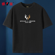 雅鹿重磅純棉短袖t恤男夏季寬松潮流圓領(lǐng)體恤上衣男休閑百搭半截袖T恤 黑/鹿角字母 S （重90-100斤高155-160）