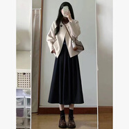 妍莉芬（yanlifen）2025春裝搭配一整套女鹽系小香風(fēng)韓劇穿搭衣服三件套裝女連衣裙子 杏色外套+咖色內(nèi)搭+黑色半身裙 L 【100-120斤】