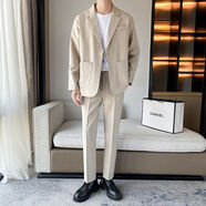 花花公子商務(wù)垂墜感休閑西服套裝男寬松韓版夾克春秋冬季帥氣痞帥西裝外套 卡其長(cháng)褲套裝 S 碼 95-115斤