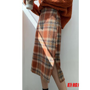 LXKP韓版百搭格子半身裙女秋冬毛呢裙中長(cháng)款高腰顯瘦開(kāi)叉一步裙 M 165
