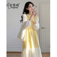 宏資琦連衣裙女裝2025春季今年流行高級感超好看拼接氣質(zhì)穿搭中長(cháng)款裙子 黃色 S