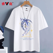 雅鹿短袖t恤男純棉圓領(lǐng)韓版寬松大碼半截袖青少年學(xué)生夏季休閑男士t恤 白/月亮魚 XL （重140-150斤高170-175）