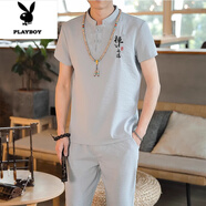 花花公子（PLAYBOY）夏季新款棉麻男套裝亞麻短袖t恤休閑半袖唐裝漢服體恤中國風服飾V 1302灰色【短袖+長褲】 XL