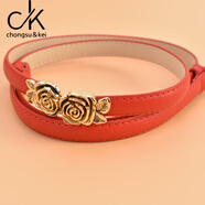 chongsukei小&ck韓版百搭女士牛皮細腰帶 配裙子OL玫瑰花裝配牛仔褲連衣裙 紅色