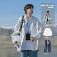 安初夏港風(fēng)工裝長(cháng)袖襯衫男生高級感外套春秋季日系穿搭套裝男裝三件套潮 【三件套】白色+純棉長(cháng)T白+深藍 L