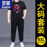 羅蒙（ROMON）肥佬短袖t恤男士套裝寬松加肥加大百搭休閑褲子半袖胖子運(yùn)動(dòng)大碼 套裝-帽女黑T+黑褲 一套 8XL 建議250-275斤
