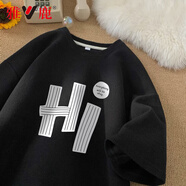 雅鹿華夫格短袖t恤男夏季潮流圓領(lǐng)冰絲透氣半袖上衣寬松五分袖體恤衫 T35黑色 L 【建議體重100-120斤】