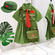 圓圓米米幼兒園夏季演出服話劇小紅軍六一合唱夏裝小學(xué)生班服迷彩服軍訓(xùn)服 連衣裙+帽子+領(lǐng)帶+包包 90
