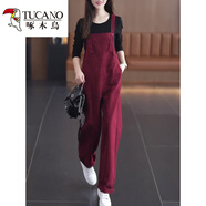 啄木鳥(niǎo)酒紅色牛仔背帶褲女2025年新款寬松減齡休閑百搭時(shí)尚顯瘦連體褲子 酒紅色單件背帶褲 M 85-105斤